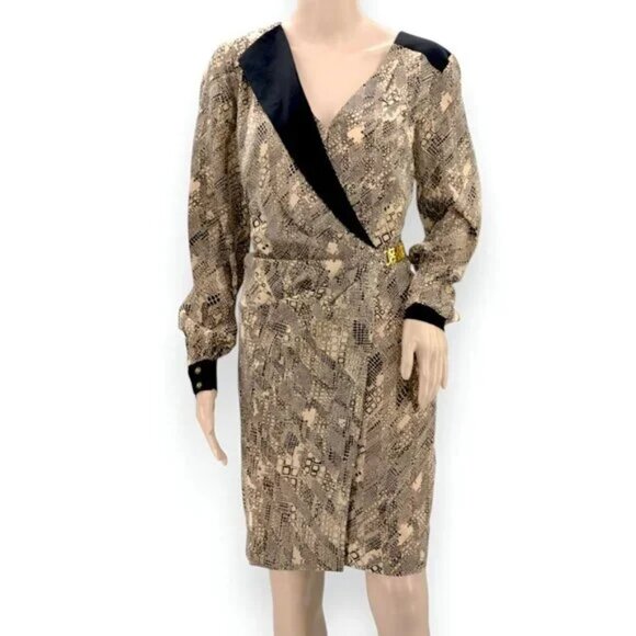 NWT Trina Turk Black Tan Beige Abstract Geometric Animal Print Silk Dress L 12 - Picture 2 of 10
